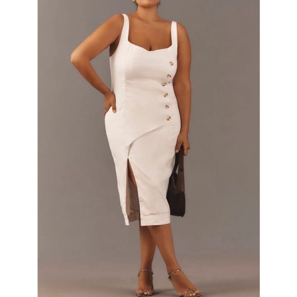 By Anthropologie Sleeveless Linen Button Wrap Midi Dress White 3X